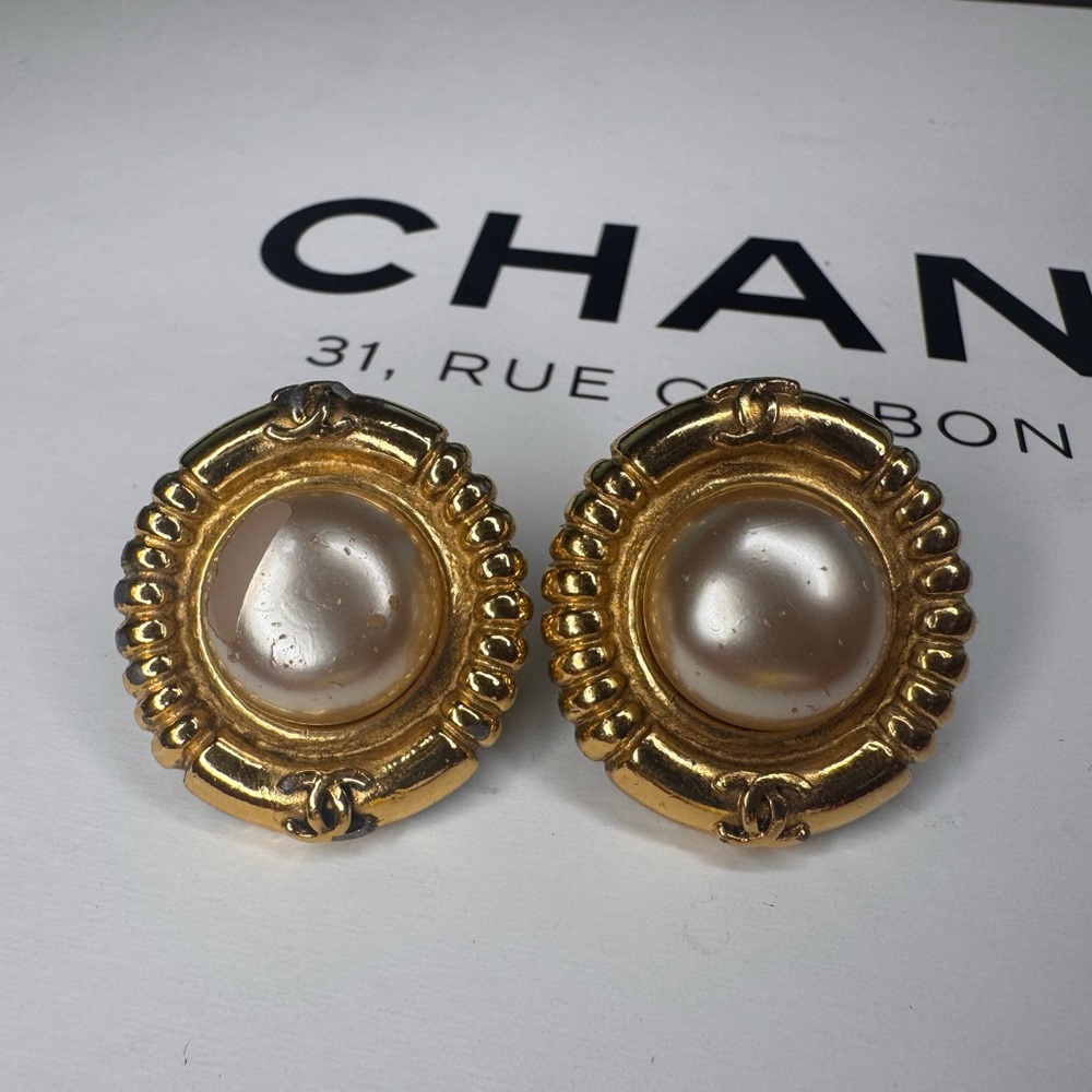 Chanel Costume Clip-On Gold-Plated Pearl Earrings with Box, shopping bag w/ COA